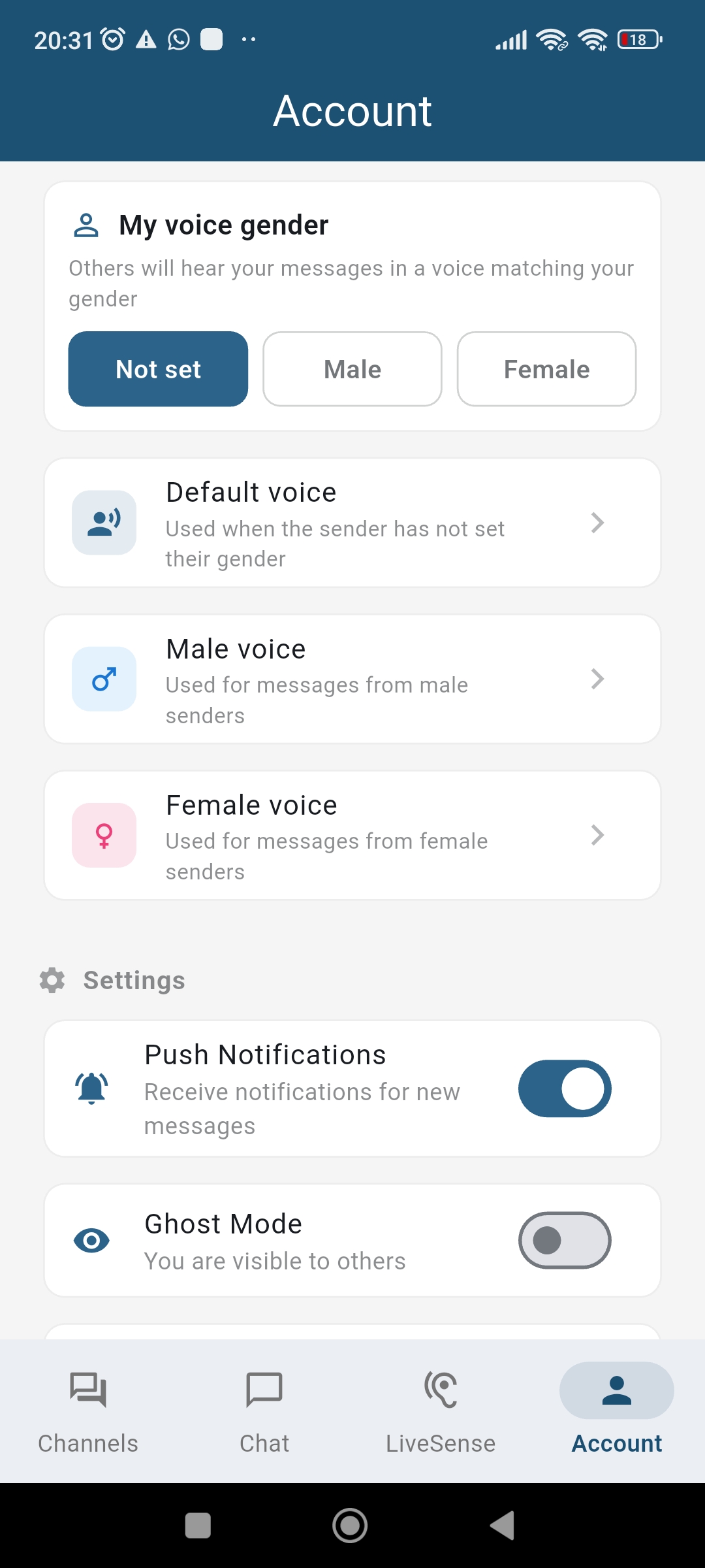 Voice and gender settings